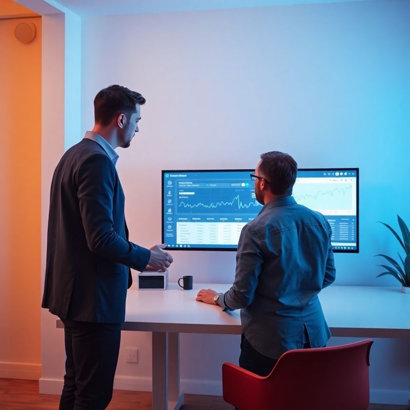 Two SEO practitioners reviewing rank-tracking data in Oradea office